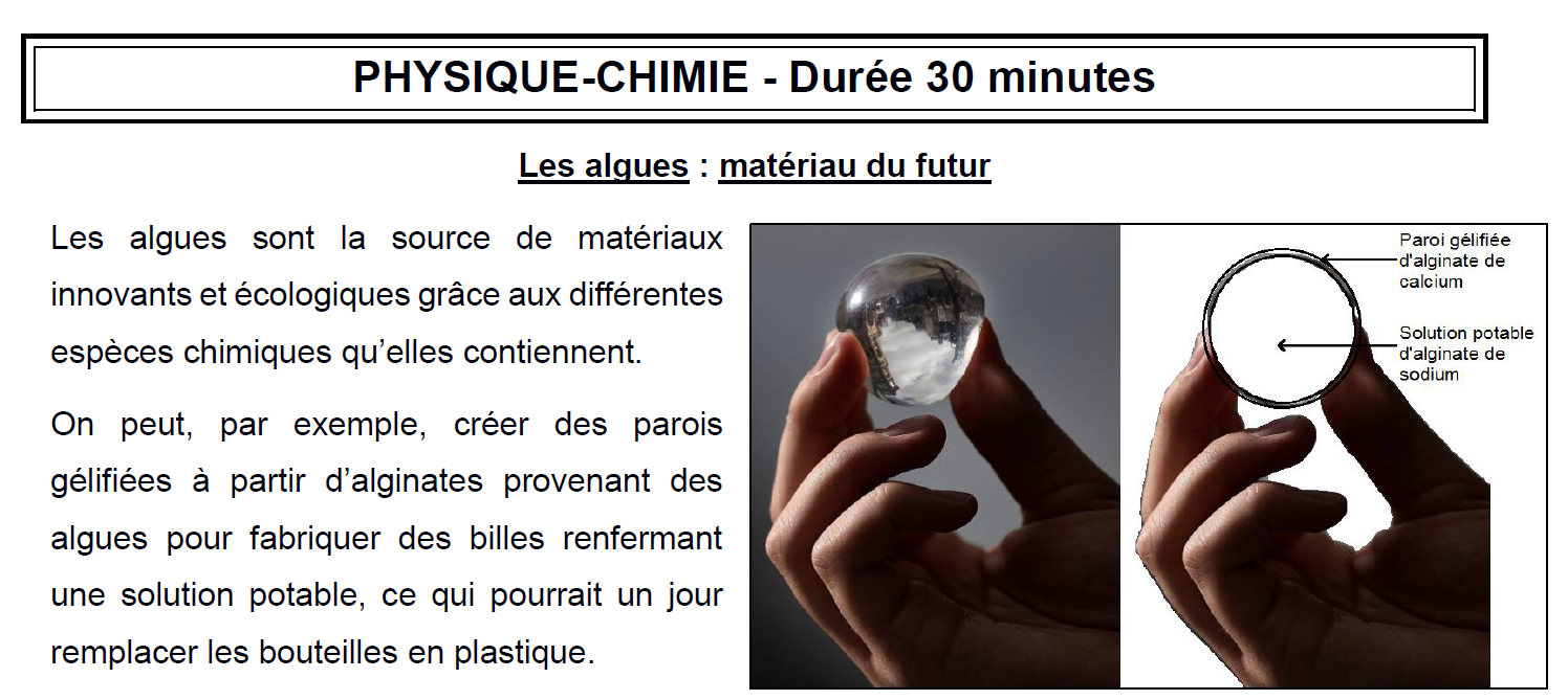 sujet brevet : les algues - matériau du futur - sciences physiques -chimie